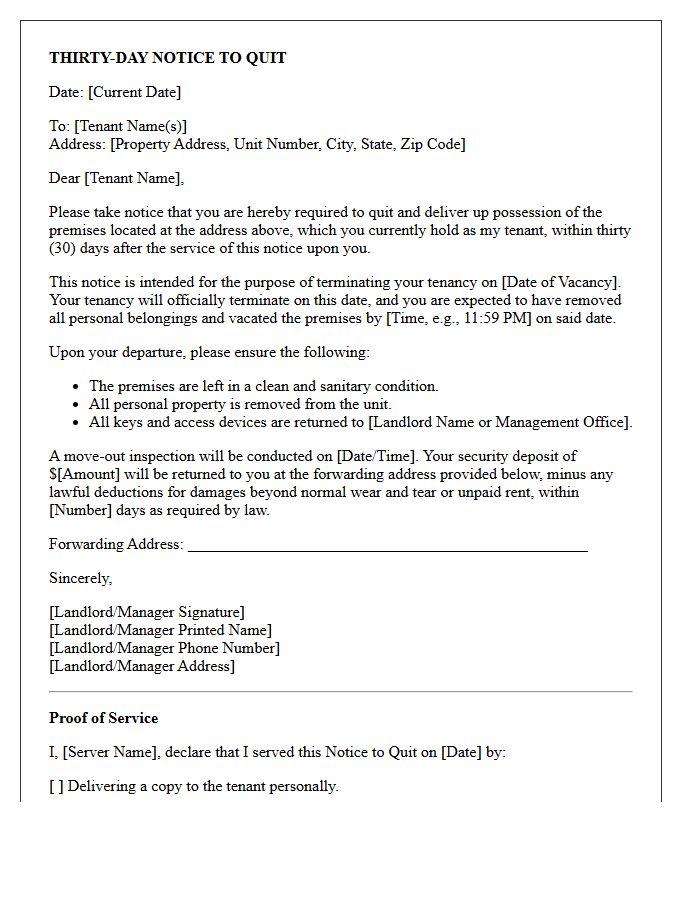 Thirty-Day Notice to Quit Letter