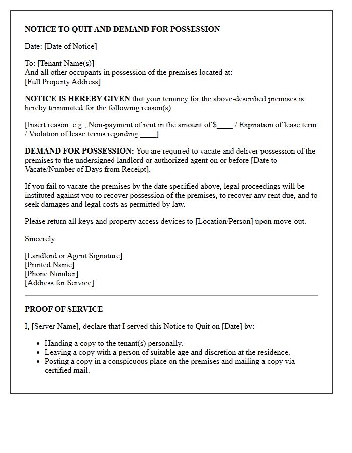 Notice to Quit and Demand for Possession Letter