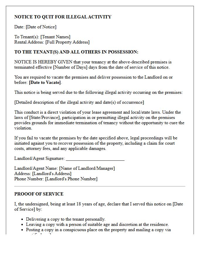 Notice to Quit for Illegal Activity Letter