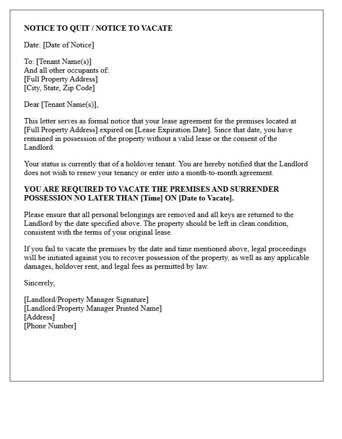 Notice to Quit for Holdover Tenant Letter