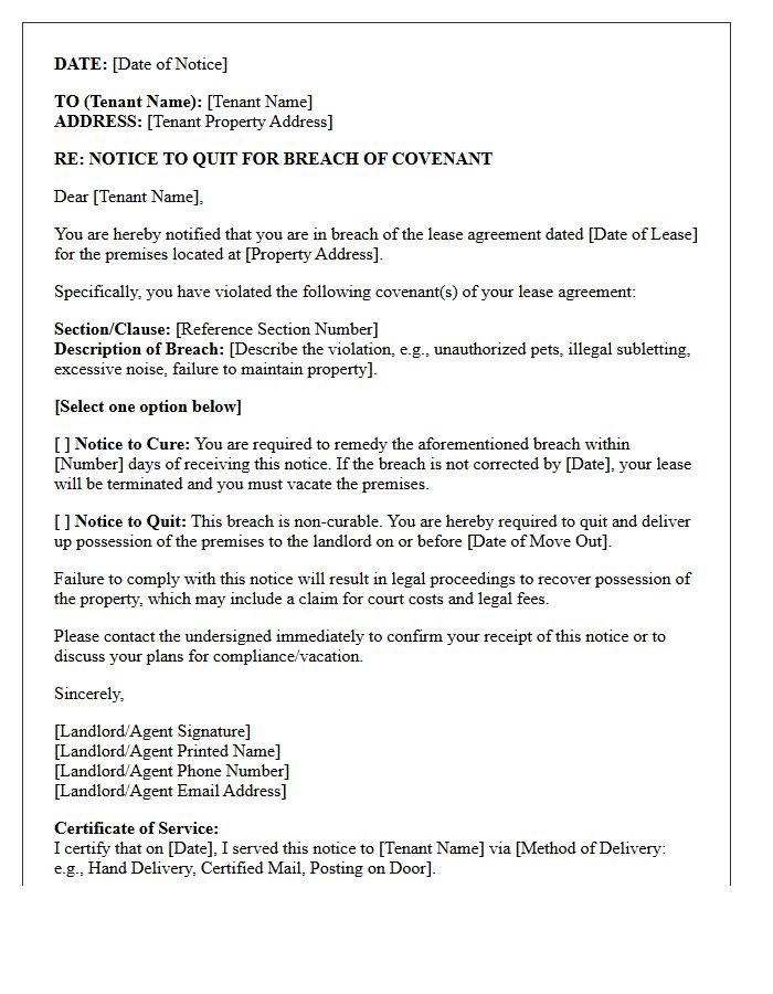 Notice to Quit for Breach of Covenant Letter