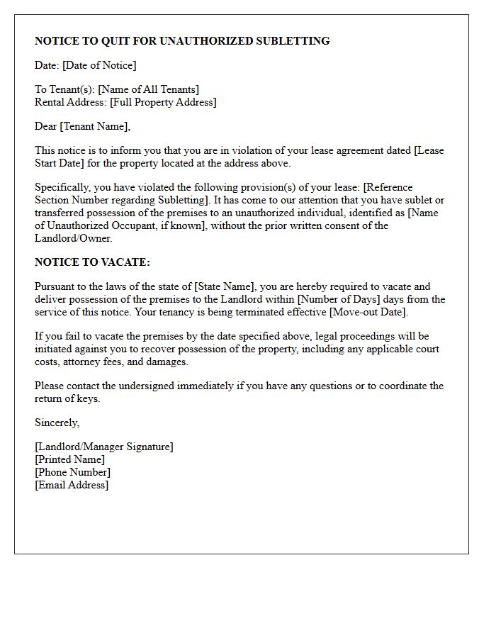 Notice to Quit for Unauthorized Subletting Letter