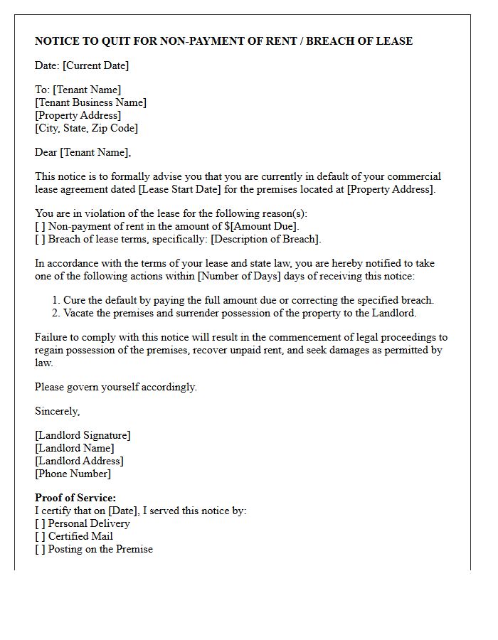Commercial Lease Notice to Quit Letter