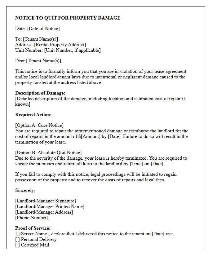 Notice to Quit for Property Damage Letter