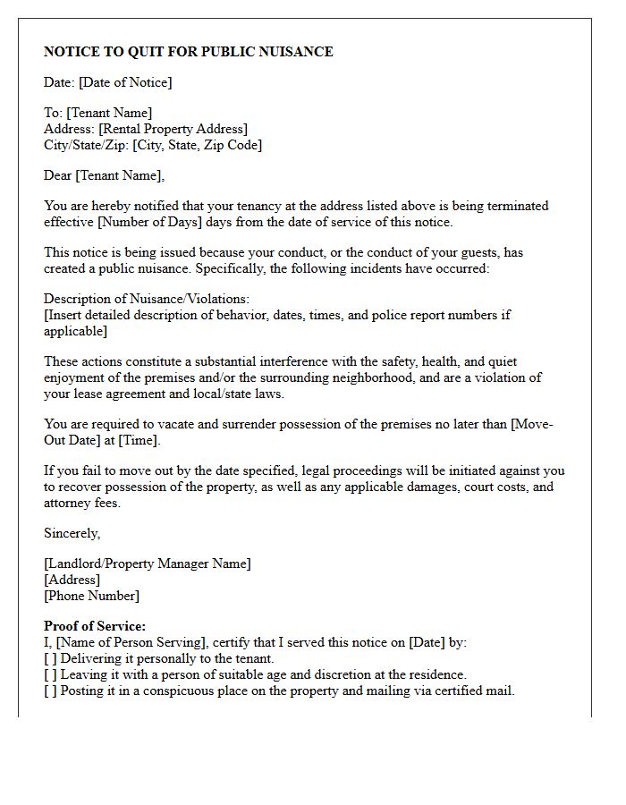 Notice to Quit for Public Nuisance Letter