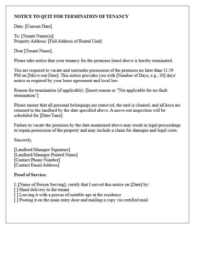 Notice to Quit for Termination of Tenancy Letter