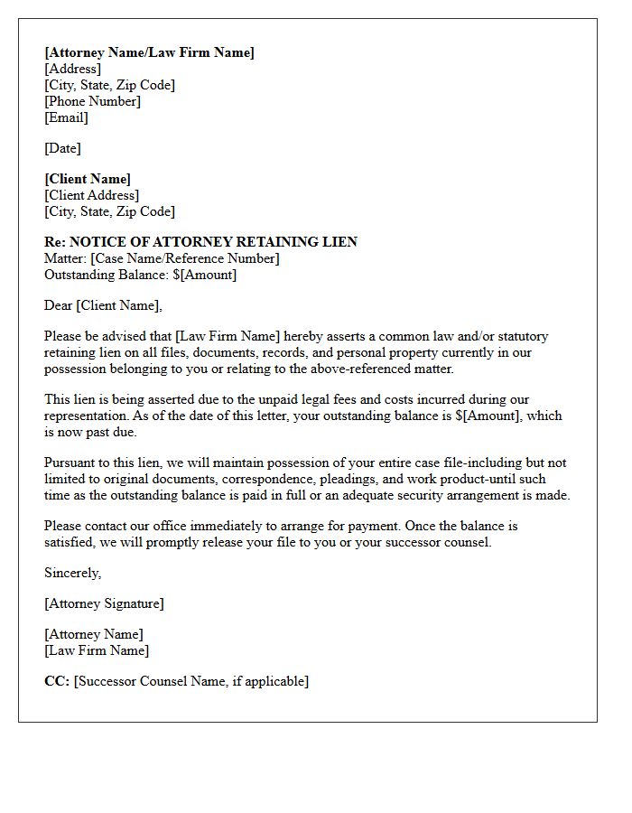 Notice of Attorney Retaining Lien Letter