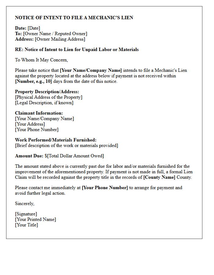 Notice of Intent to File Mechanic's Lien Letter