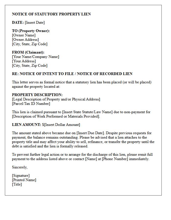 Notice of Statutory Property Lien Letter
