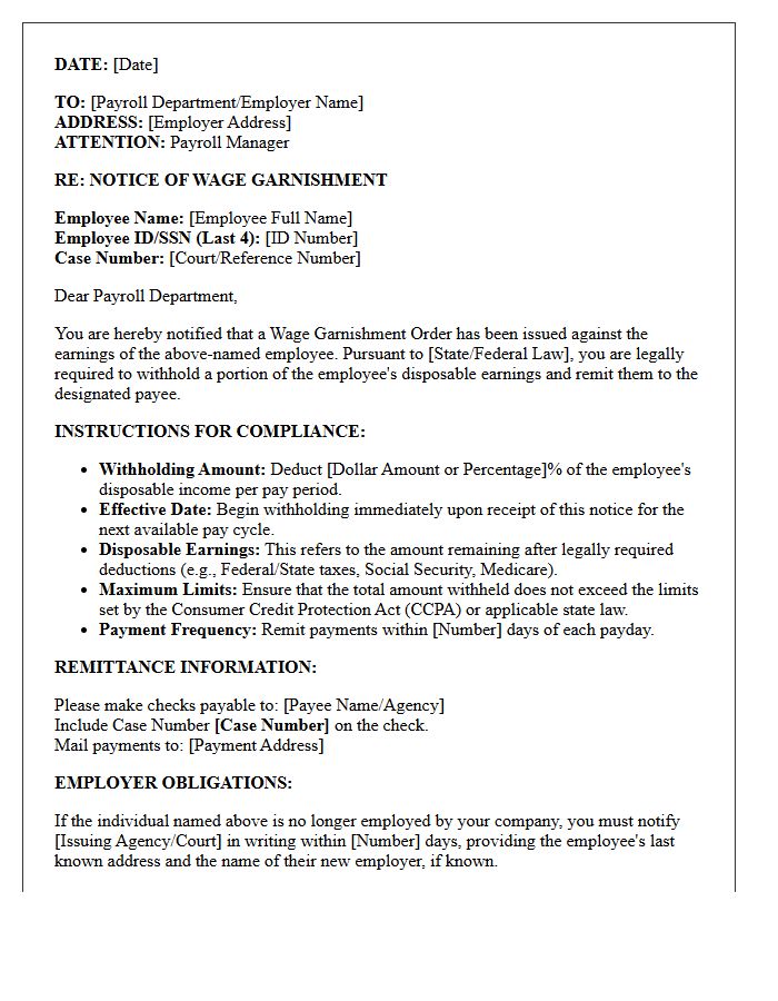Wage Garnishment Order and Instruction Letter
