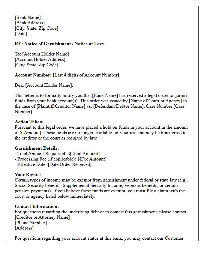 Bank Account Garnishment Notification Letter