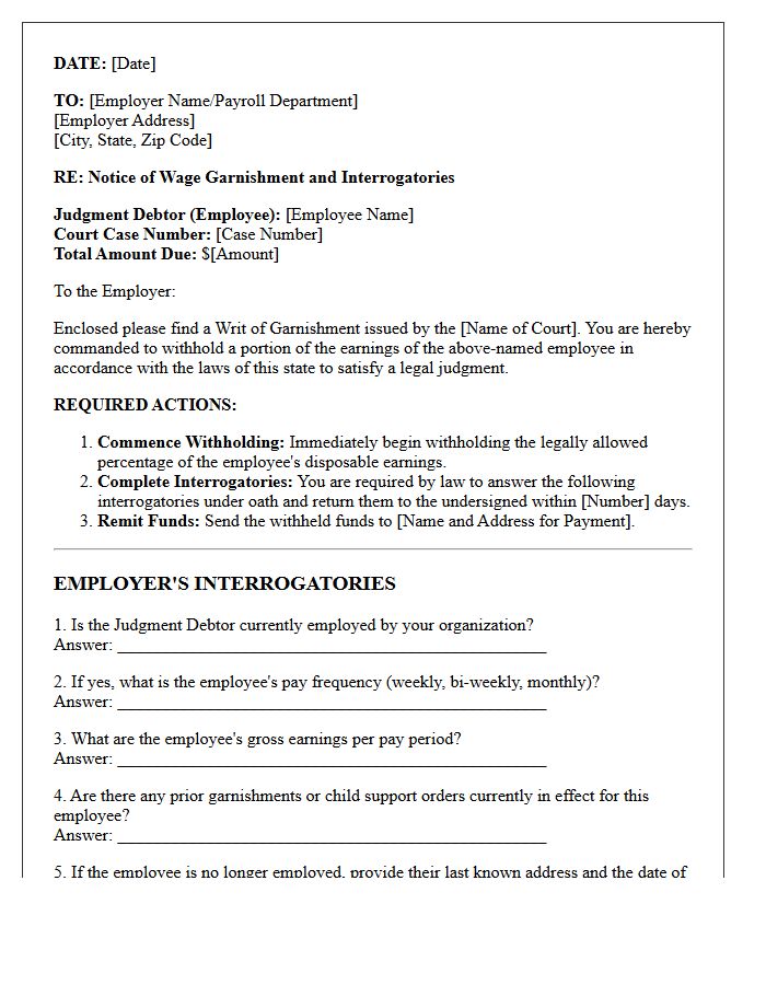 Employer Interrogatories and Garnishment Letter