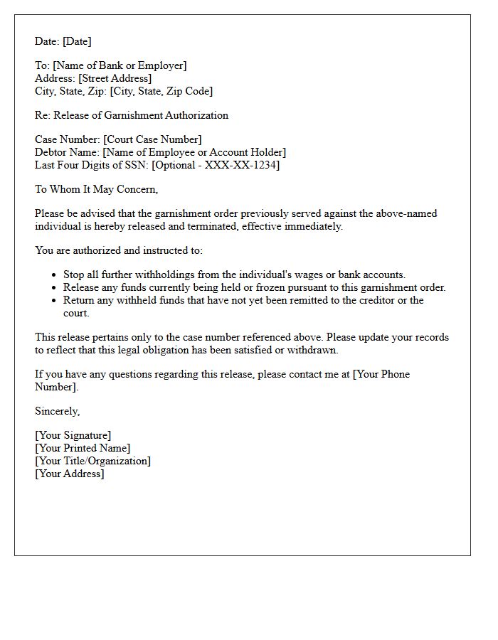 Release of Garnishment Authorization Letter