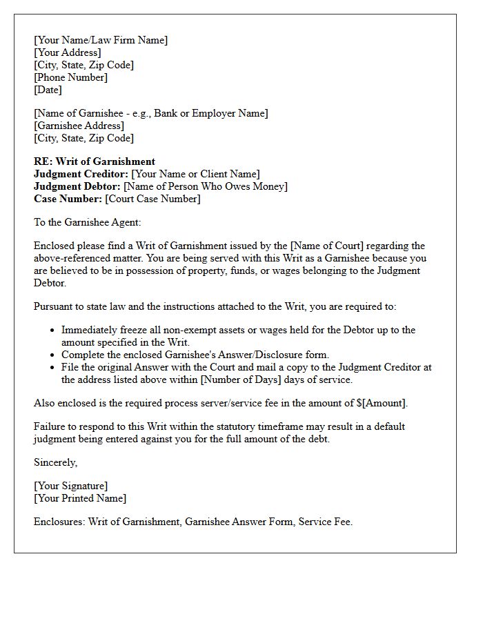 Writ of Garnishment Transmittal Letter