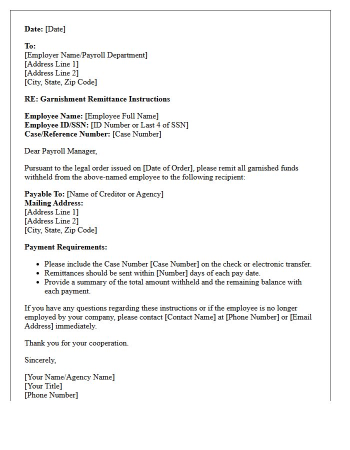 Garnishment Payment Remittance Instruction Letter