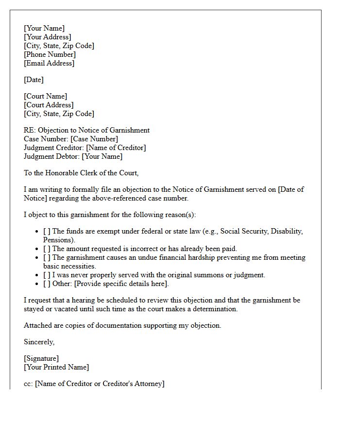 Objection to Notice of Garnishment Letter