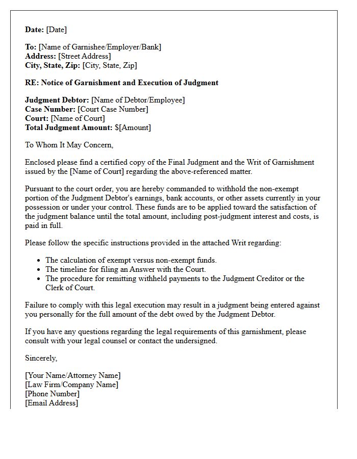 Final Judgment and Garnishment Execution Letter