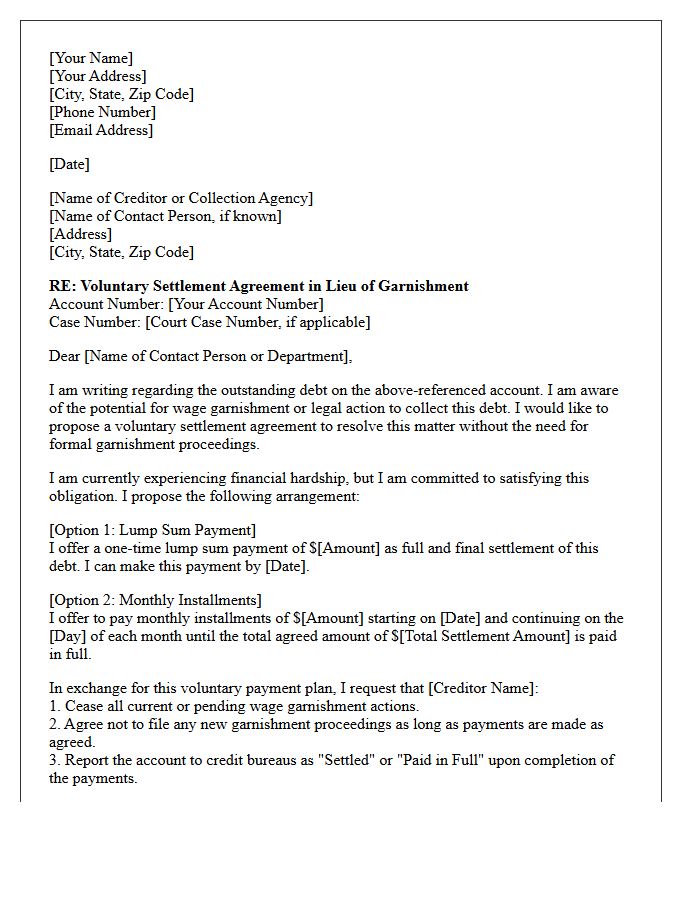 Voluntary Settlement in Lieu of Garnishment Letter