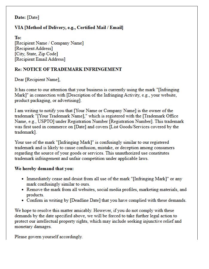 Notice of Trademark Infringement Letter