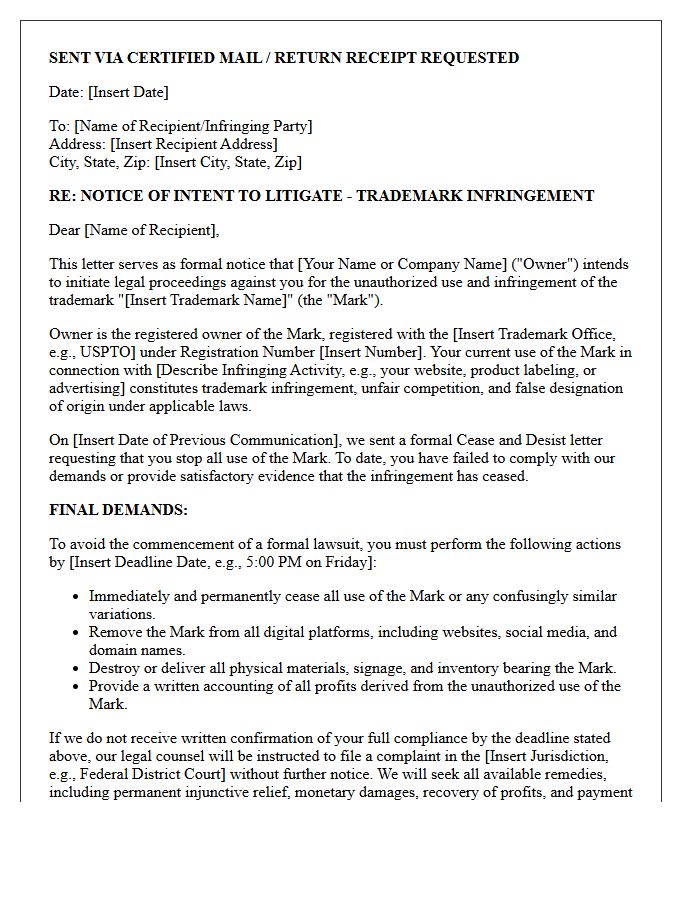 Notice of Intent to Litigate Trademark Letter