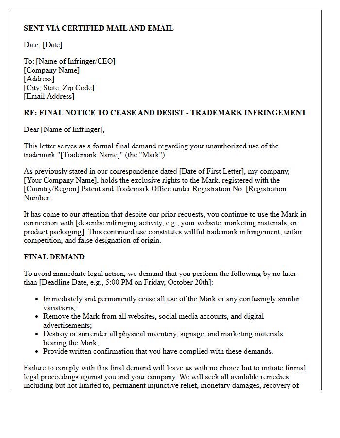Final Demand Trademark Infringement Letter