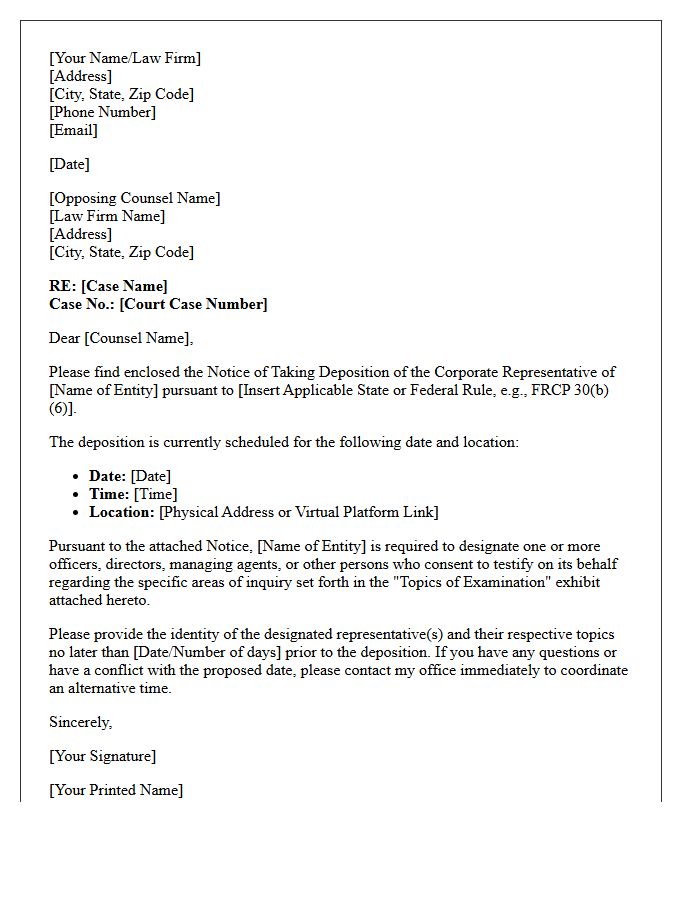 Corporate Designee Notice of Deposition Letter