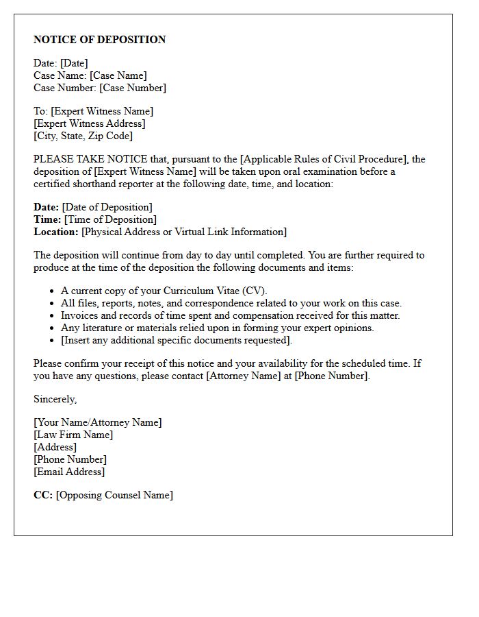 Expert Witness Notice of Deposition Letter