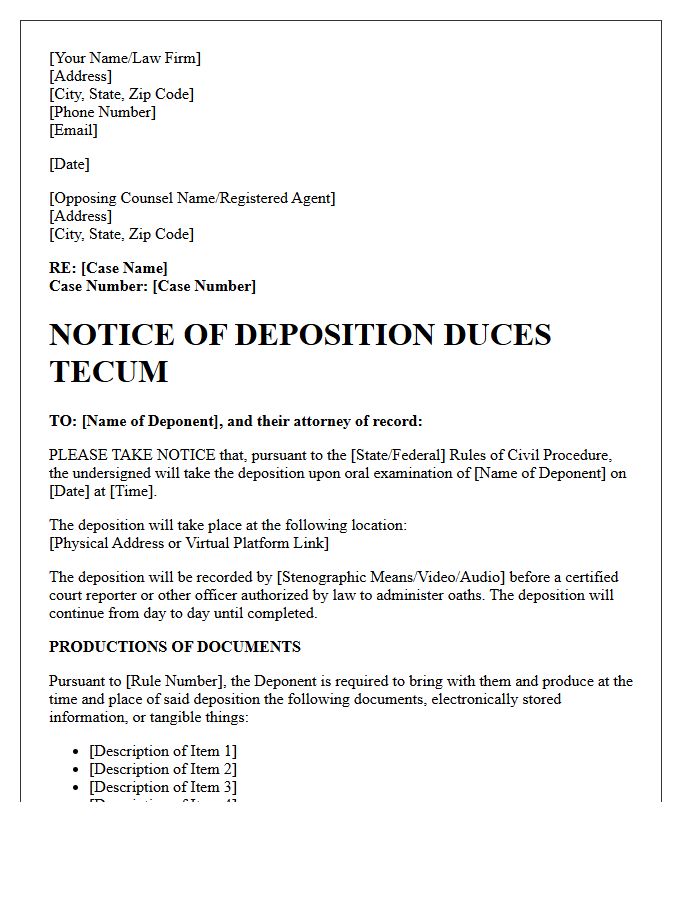 Notice of Deposition Duces Tecum Letter