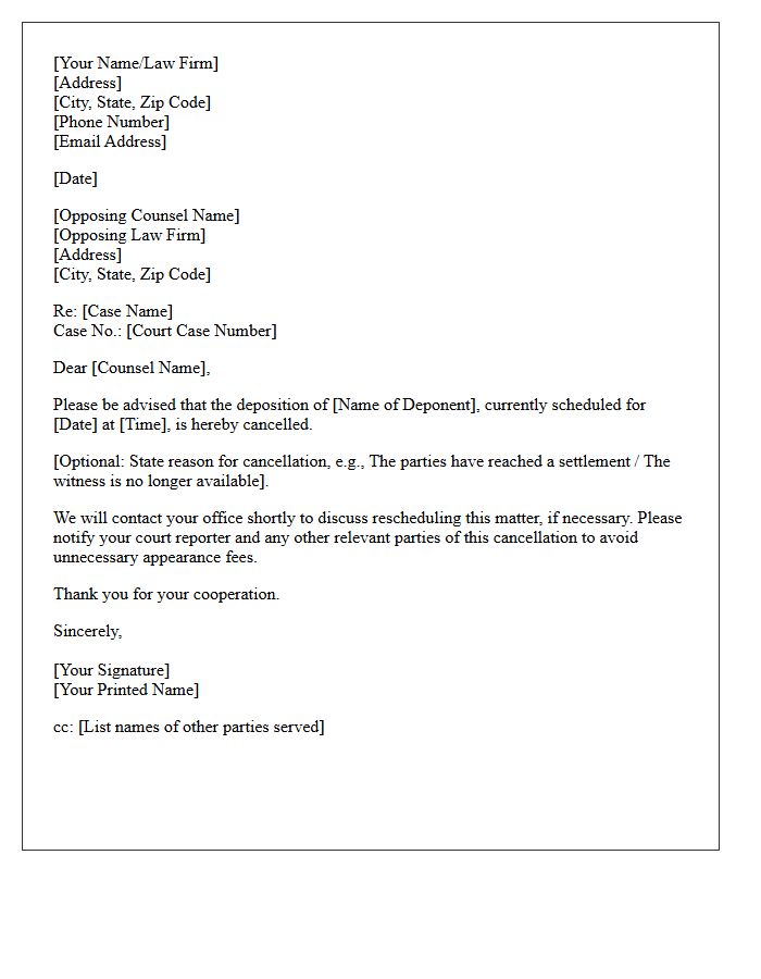 Cancellation of Notice of Deposition Letter