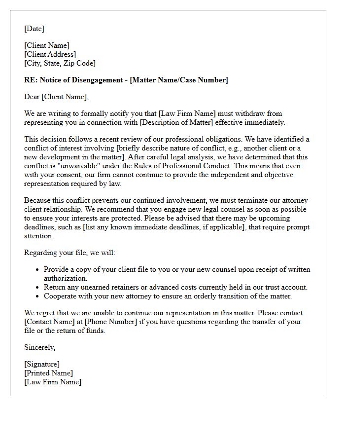 Unwaivable Conflict of Interest Disengagement Letter