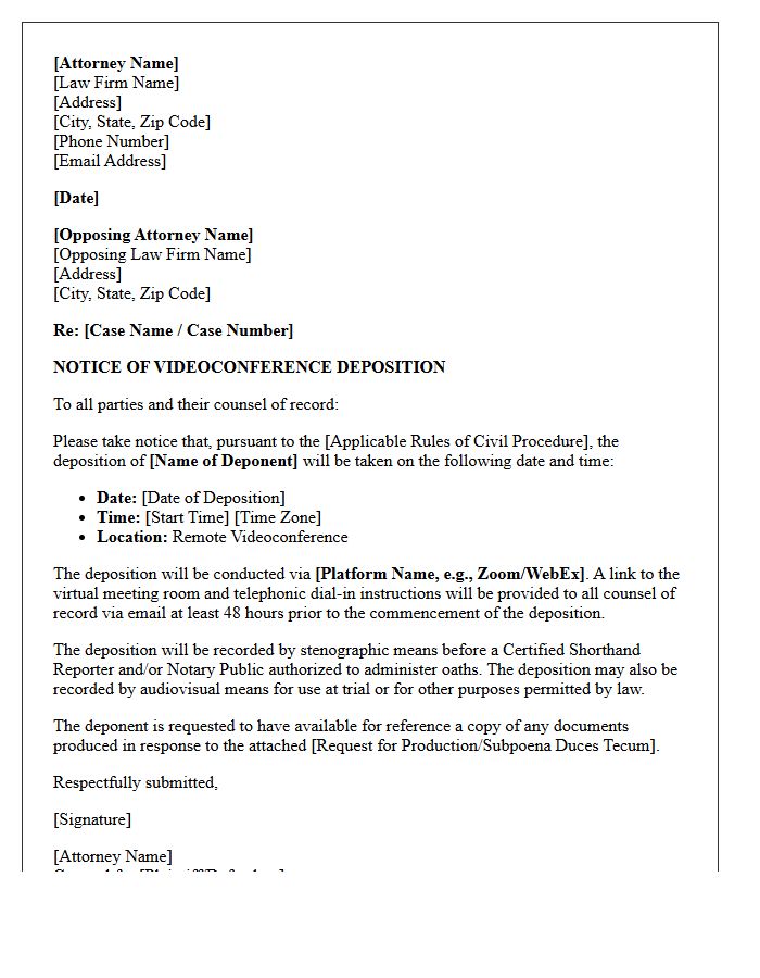 Remote Videoconference Notice of Deposition Letter