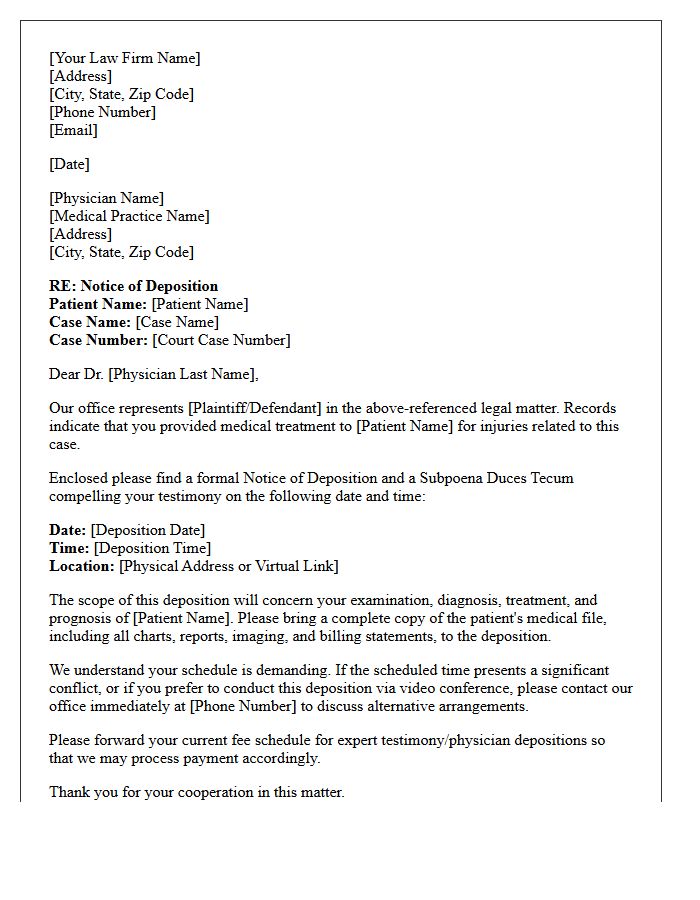 Treating Physician Notice of Deposition Letter