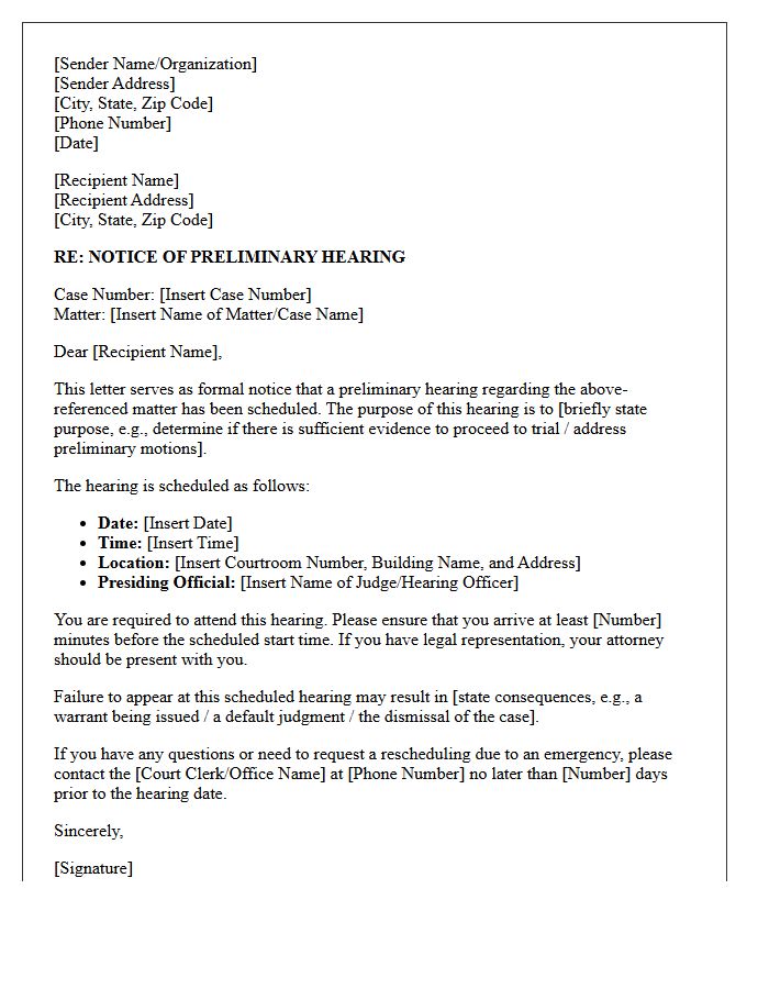 Notice of Preliminary Hearing Letter