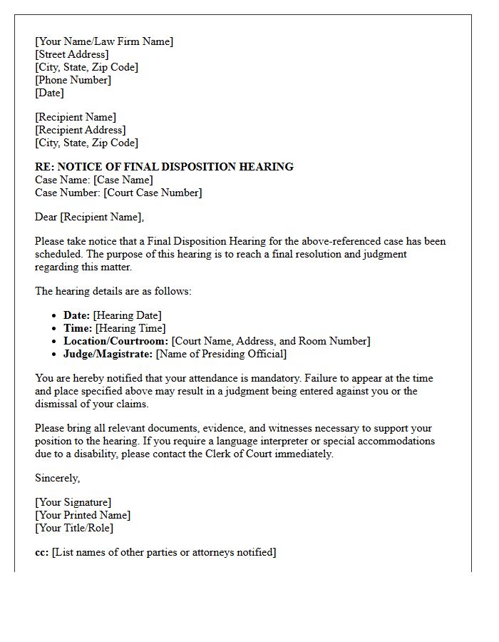 Notice of Final Disposition Hearing Letter