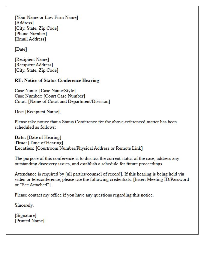 Notice of Status Conference Hearing Letter