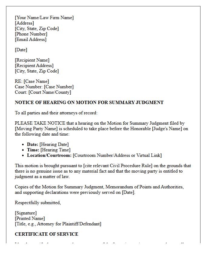 Notice of Summary Judgment Hearing Letter
