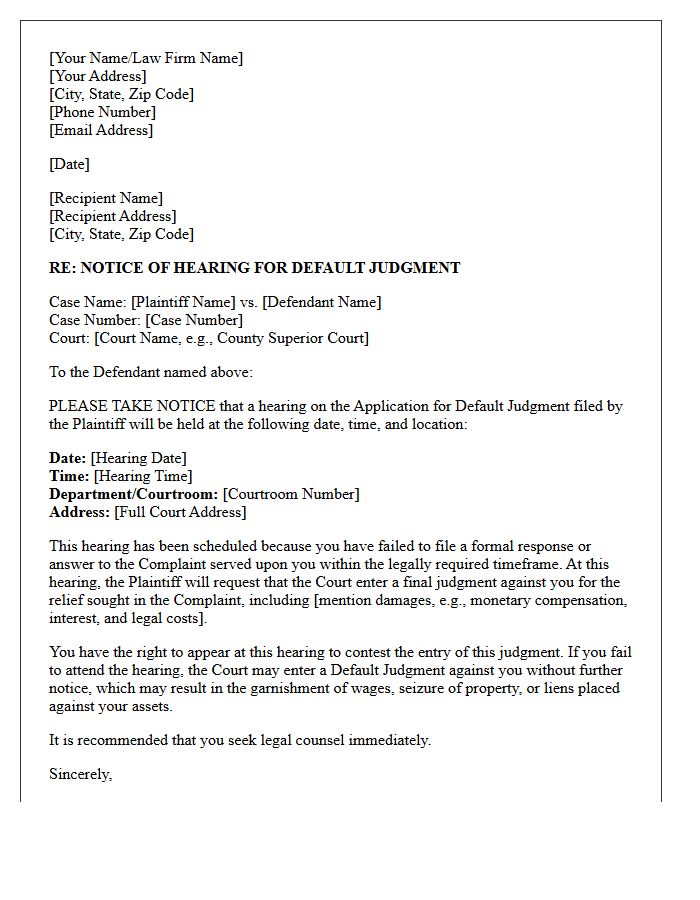 Notice of Default Judgment Hearing Letter