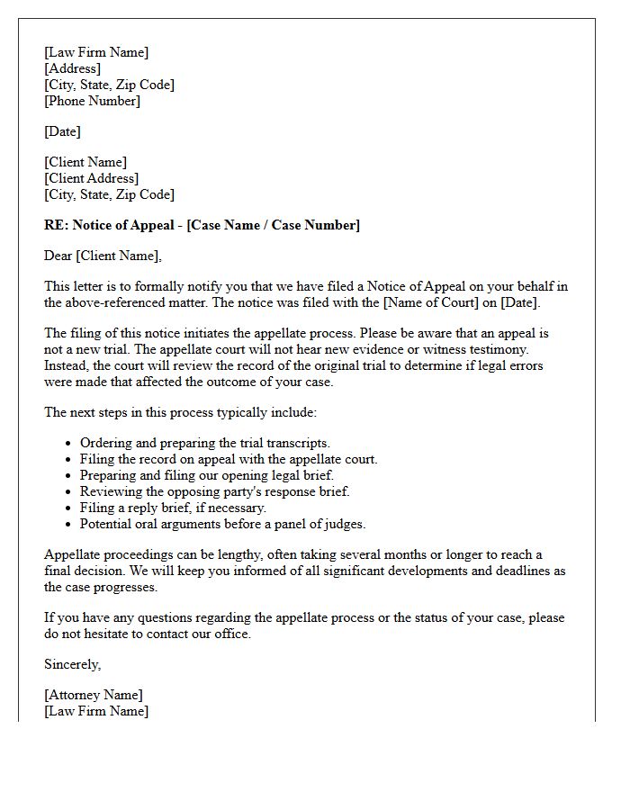 Client Advisement Letter for Notice of Appeal