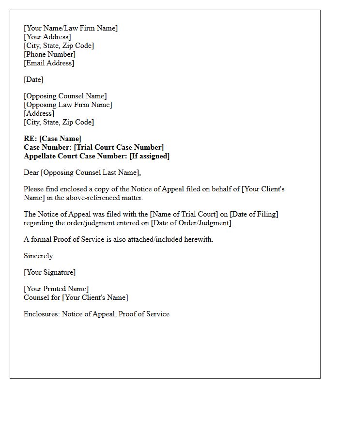 Opposing Counsel Service Letter for Notice of Appeal