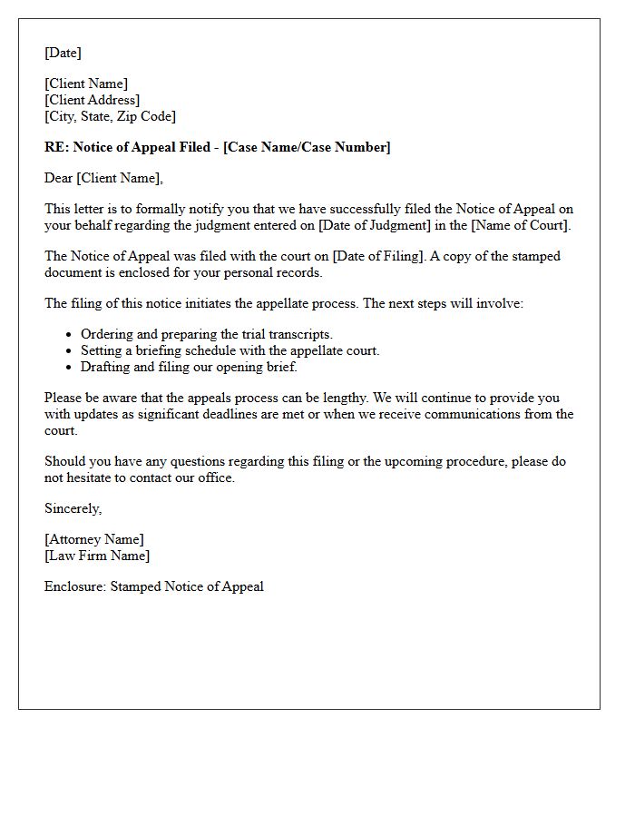 Client Confirmation Letter for Filed Notice of Appeal
