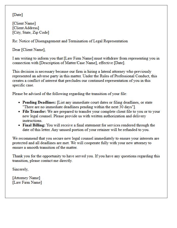 Lateral Attorney Hire Conflict of Interest Disengagement Letter