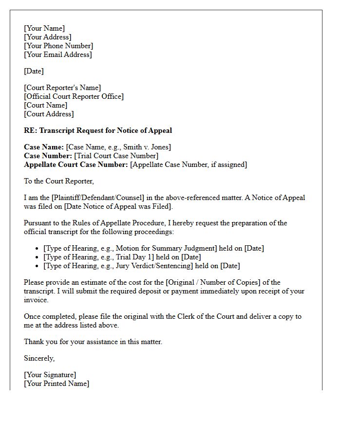 Court Reporter Transcript Request Letter for Notice of Appeal