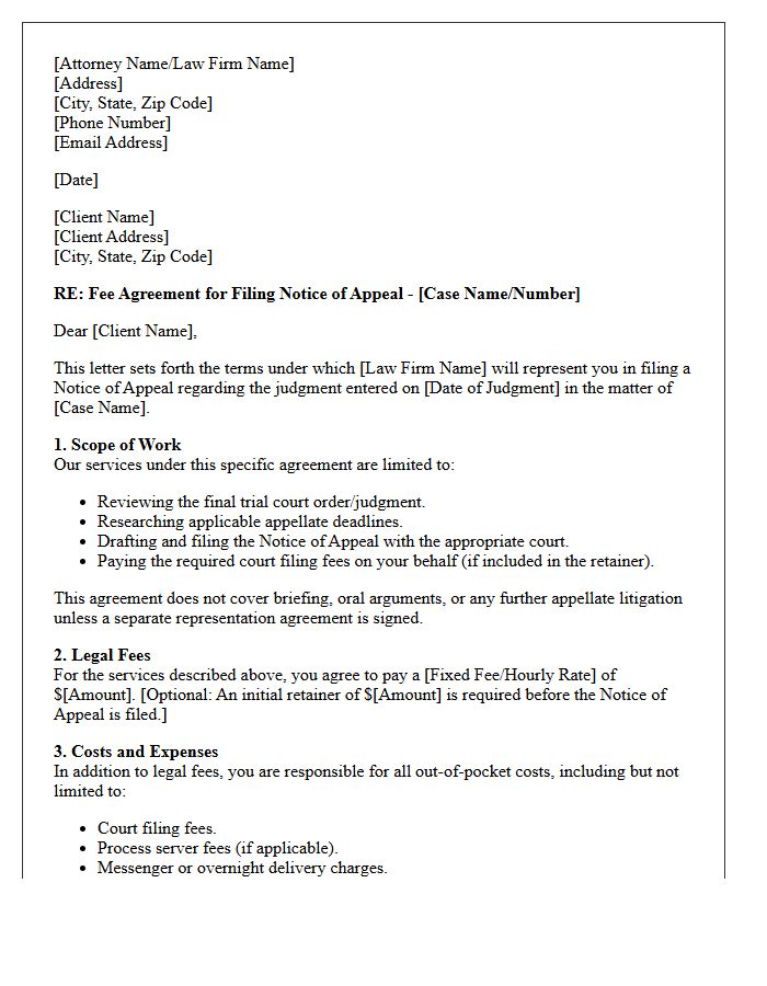 Client Fee Agreement Letter for Notice of Appeal
