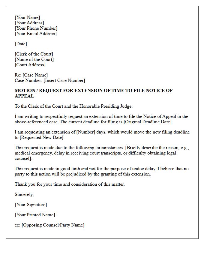 Filing Deadline Extension Request Letter for Notice of Appeal