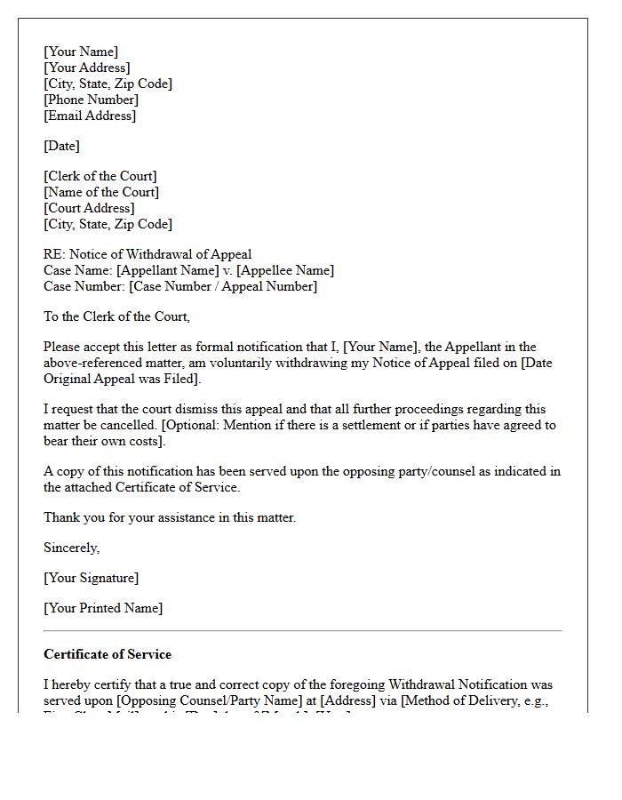 Withdrawal Notification Letter for Notice of Appeal