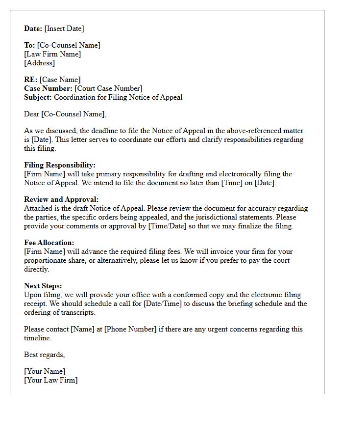 Co-Counsel Coordination Letter for Notice of Appeal