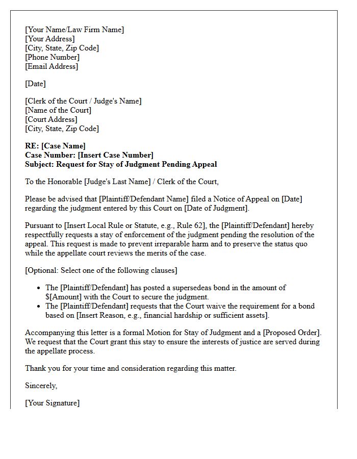 Stay of Judgment Request Letter Following Notice of Appeal