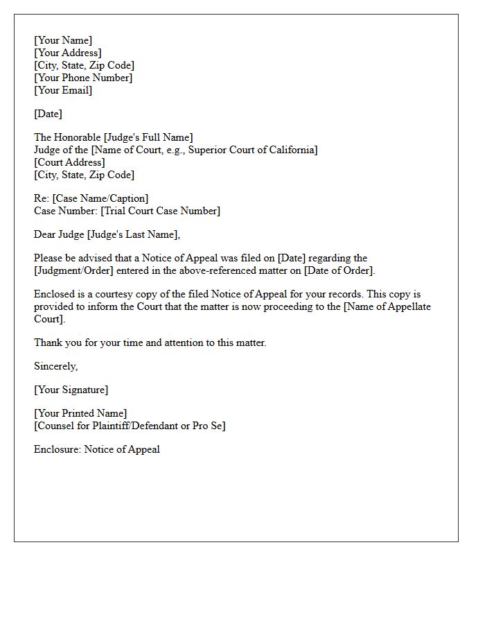 Trial Judge Courtesy Letter for Notice of Appeal
