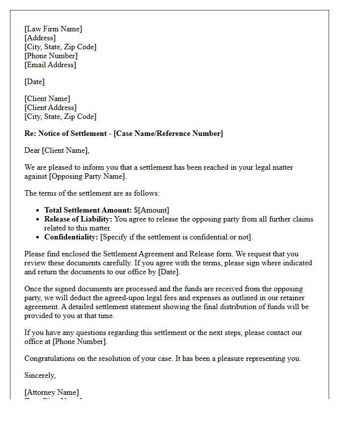 Notice of Settlement Letter to the Client