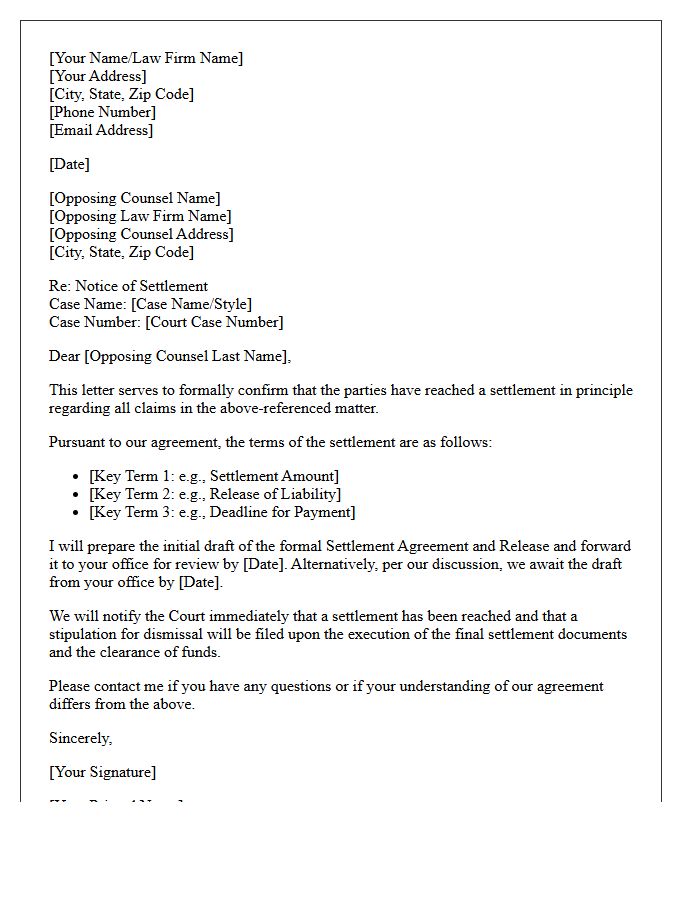 Notice of Settlement Letter to Opposing Counsel